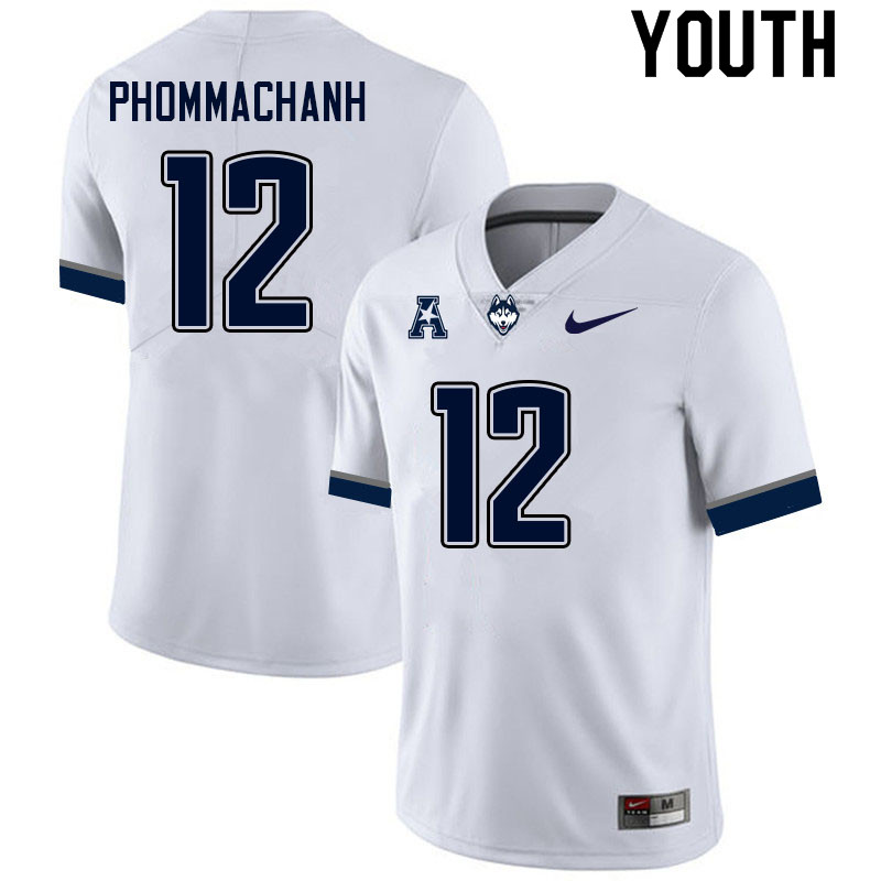 Youth #12 Tyler Phommachanh Uconn Huskies College Football Jerseys Sale-White - Click Image to Close